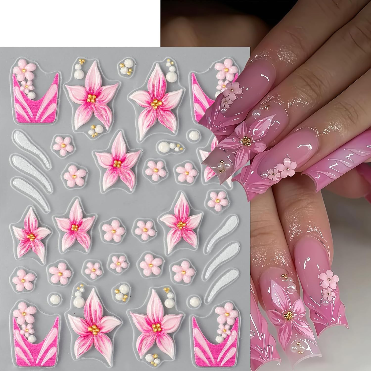 3Sheets Flower Nail Art Stickers Decals 5D Embossed Hibiscus Nail Stickers Lily