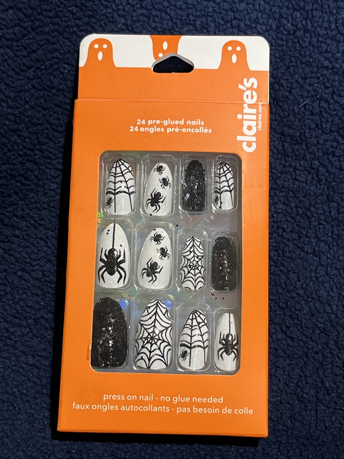 Claire’s 24 Pre-Glued Press-On Nails SPIDER WEB Black & White HALLOWEEN