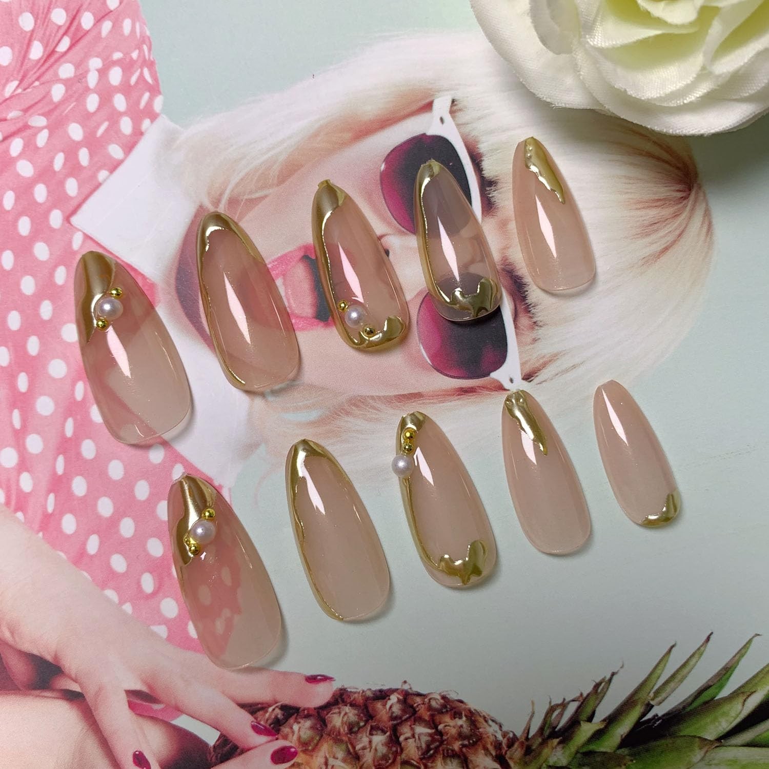 Almond Press on Nails Medium Glue Gold French Fake Medium, Gold-2