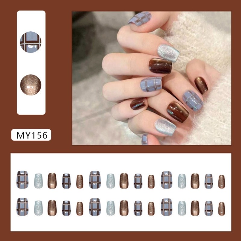 Square Press on Nail Cats Eye Fake Nail with Designs Full Cover Glues on Nail