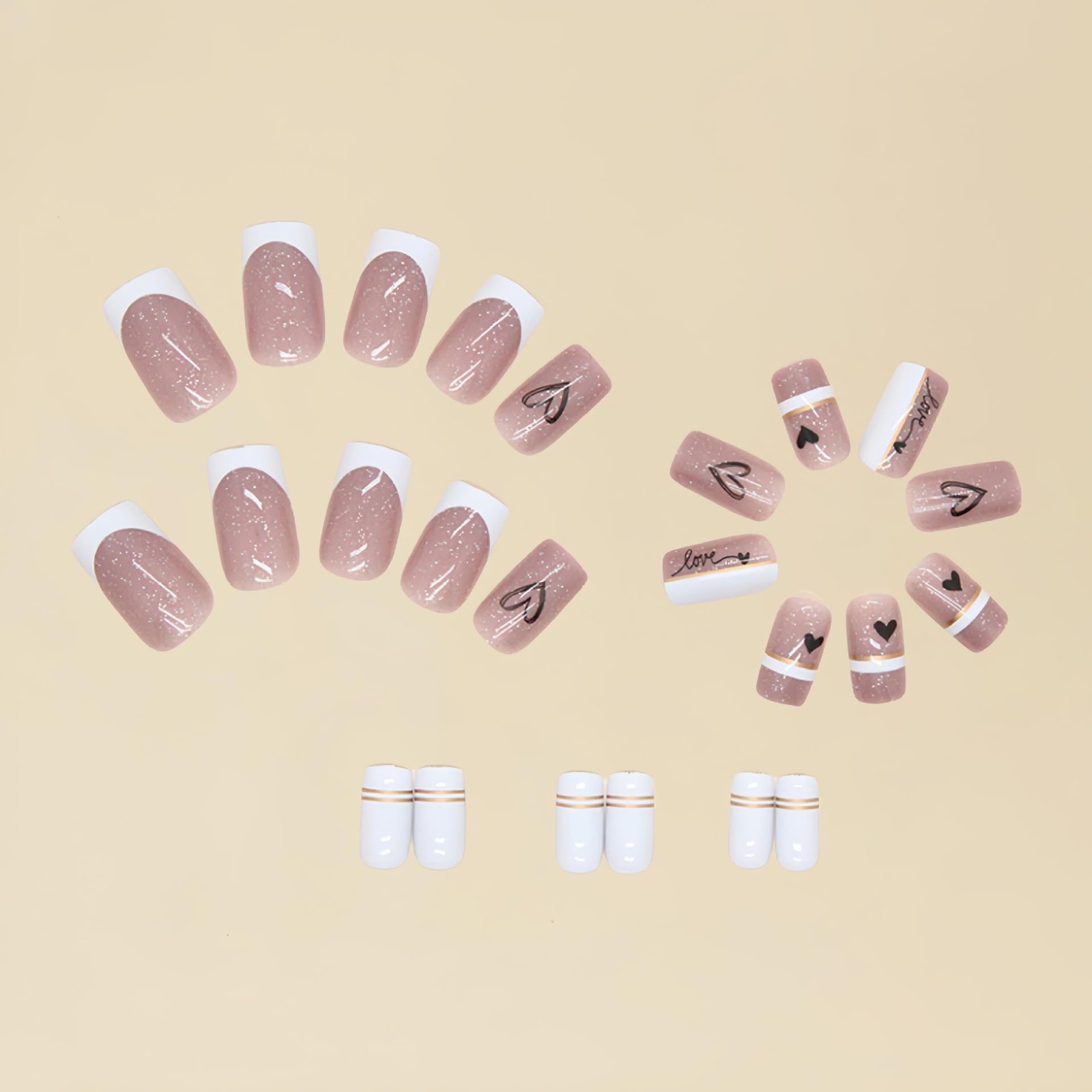 Heart Press on Nails Medium Square Fake Nails Black Heart Glue on Nails Cute …