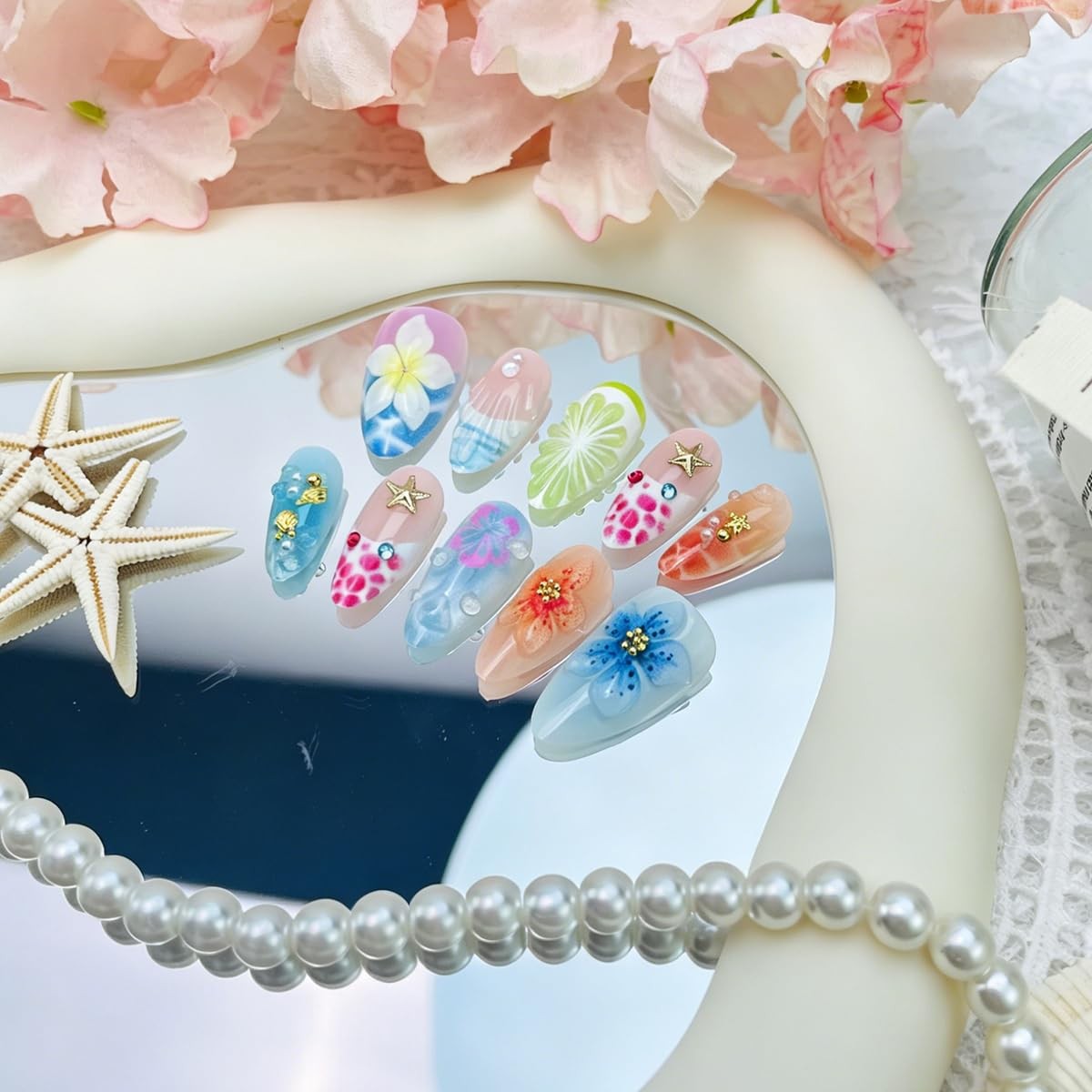 30Pcs Summer Ocean Press on Nails 3D Relief Starfish Shell Flower Design Fake…
