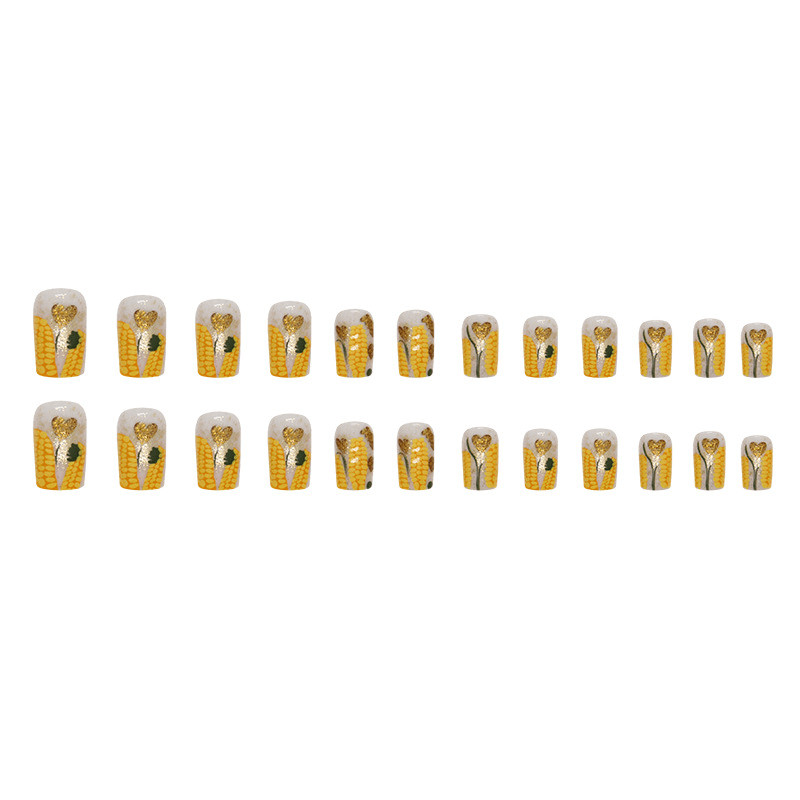 48P Short Oval Press on Nails, 3D Corn Hand‑Painted Heart Fall Trendy Fake Nails