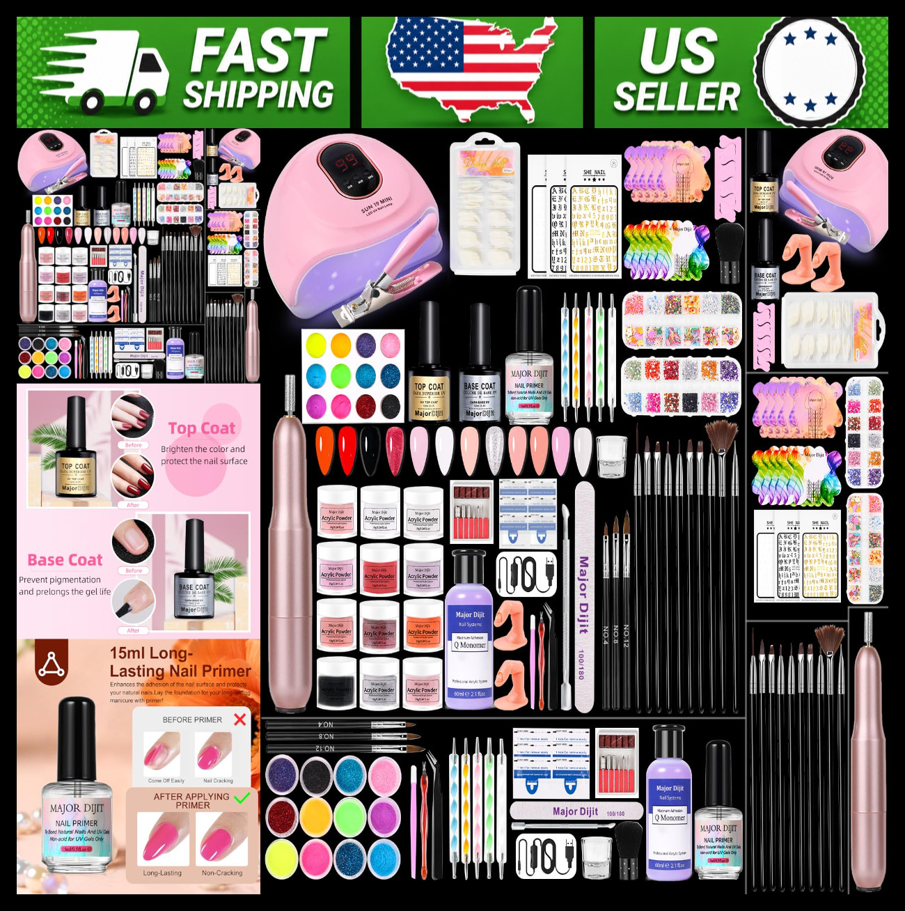 Major Dijit Acrylic Nail Starter Kit with LED Lamp, 12 Colors, Drill