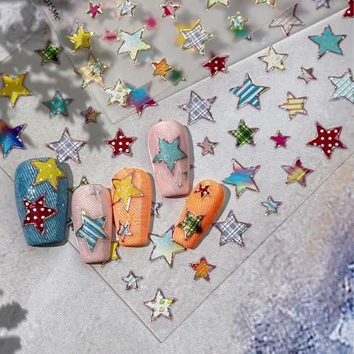 Holographic Star Nail Art Stickers Polka Dot Stripe Star Nail Decals Style 4