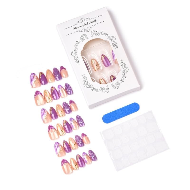 Almond Press on Nails Short Purple Fake Nail3D Charm Acrylic Nail Press Color11
