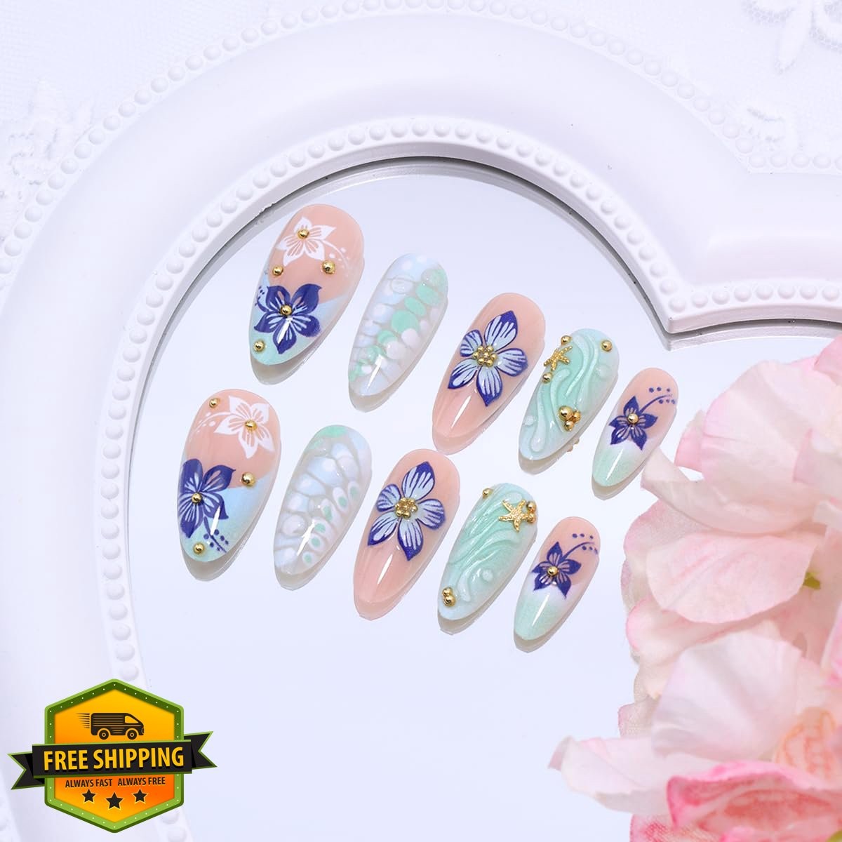 OSTTMA flower nails-13 blue almond press on nails