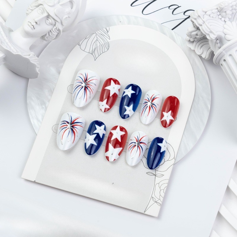 48pcs-4th of July Star Press on Nails, Almond Red White Blue with Fireworks