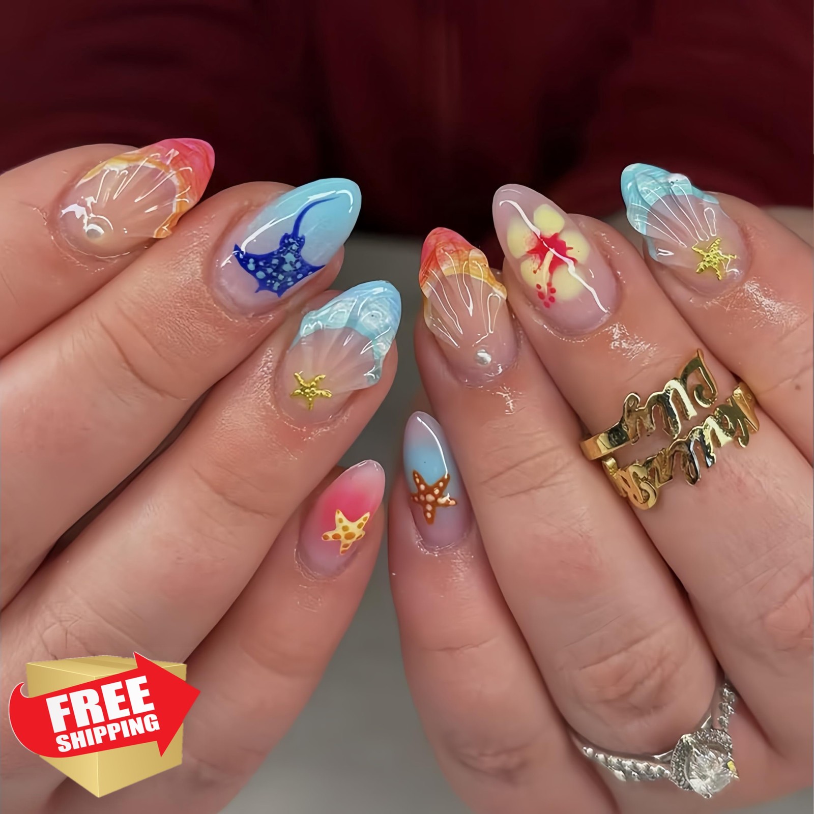 Tephrent Medium Almond French Tip Press on Nails Starfish