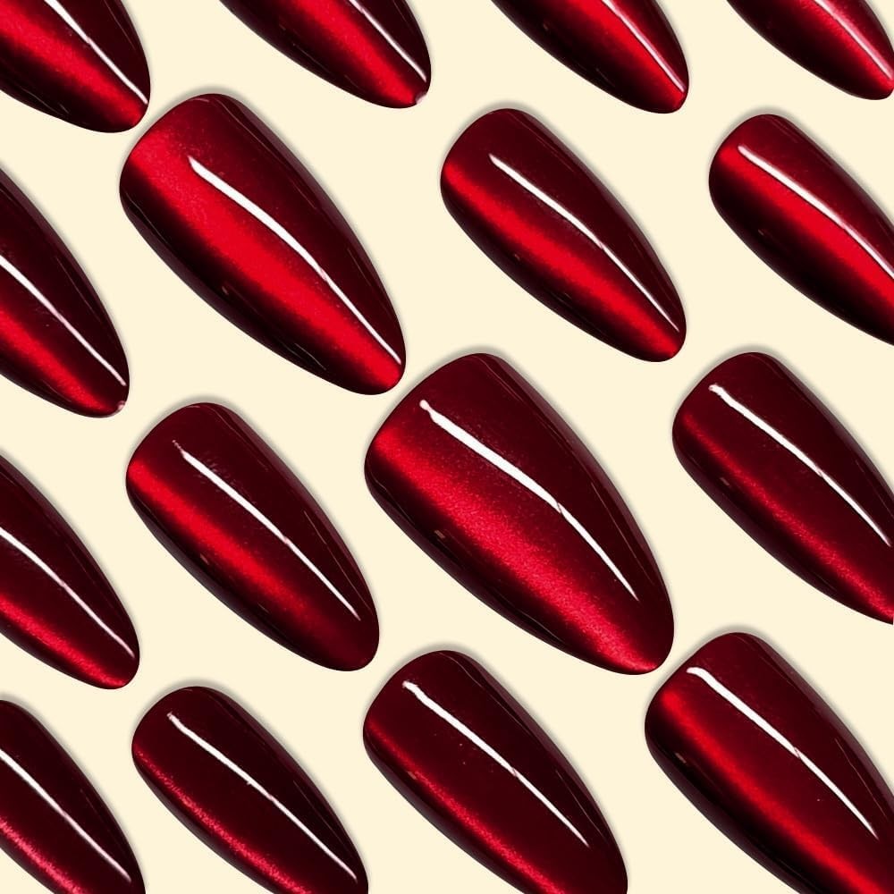 Dark Red Press on Nails Cat Eye Glitter Almond Medium Burgundy Sparkly Shiny