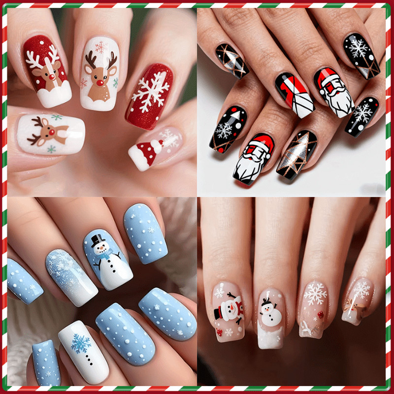 96pcs Christmas Press-on Nails Santa Snowman Snowflake Holiday Party Nails