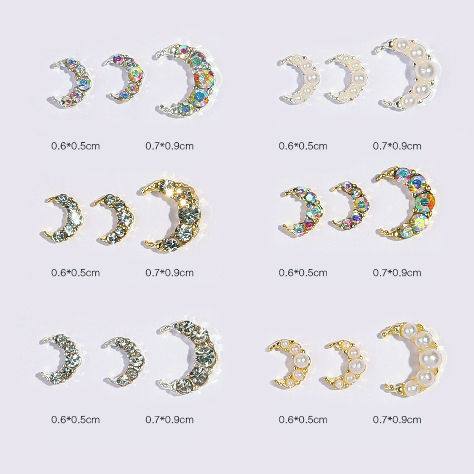 6Grids/Box 18pcs Moon Shape Nail Art Alloy Shiny Rhinestones Nails Decoration