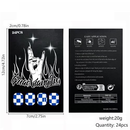 Square Press on Nails – Short Fake Nails – 24Pcs Glossy Blue White Style 01