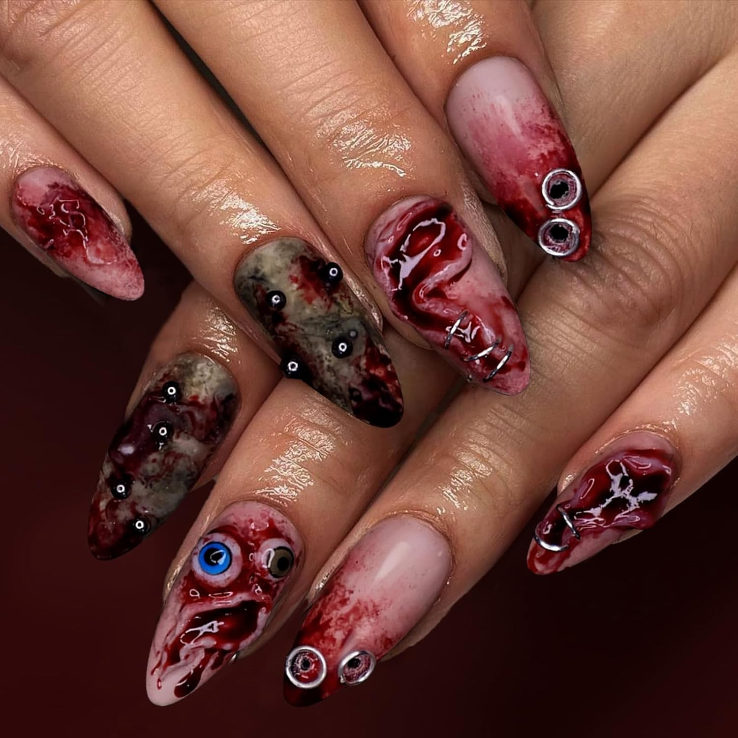 Dark Brown Red Polka Dot Press on Nails Short Oval, 24Pcs Glossy Fall Winter Glu