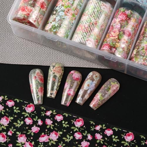 Spring Floral Nail Art Foils Transfer Stickers 10Pcs Colorful Rose Style 4