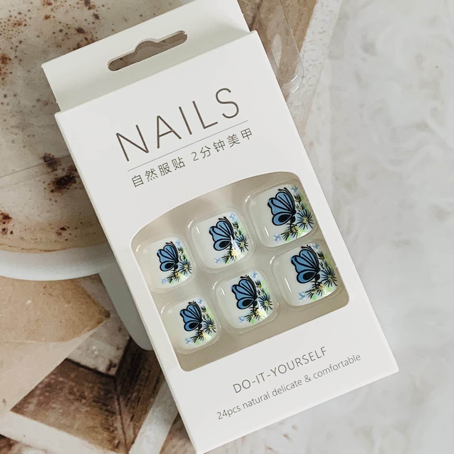 Press on Toenails with Butterfly Designs, Square Full Cover Glossy Reusable F…