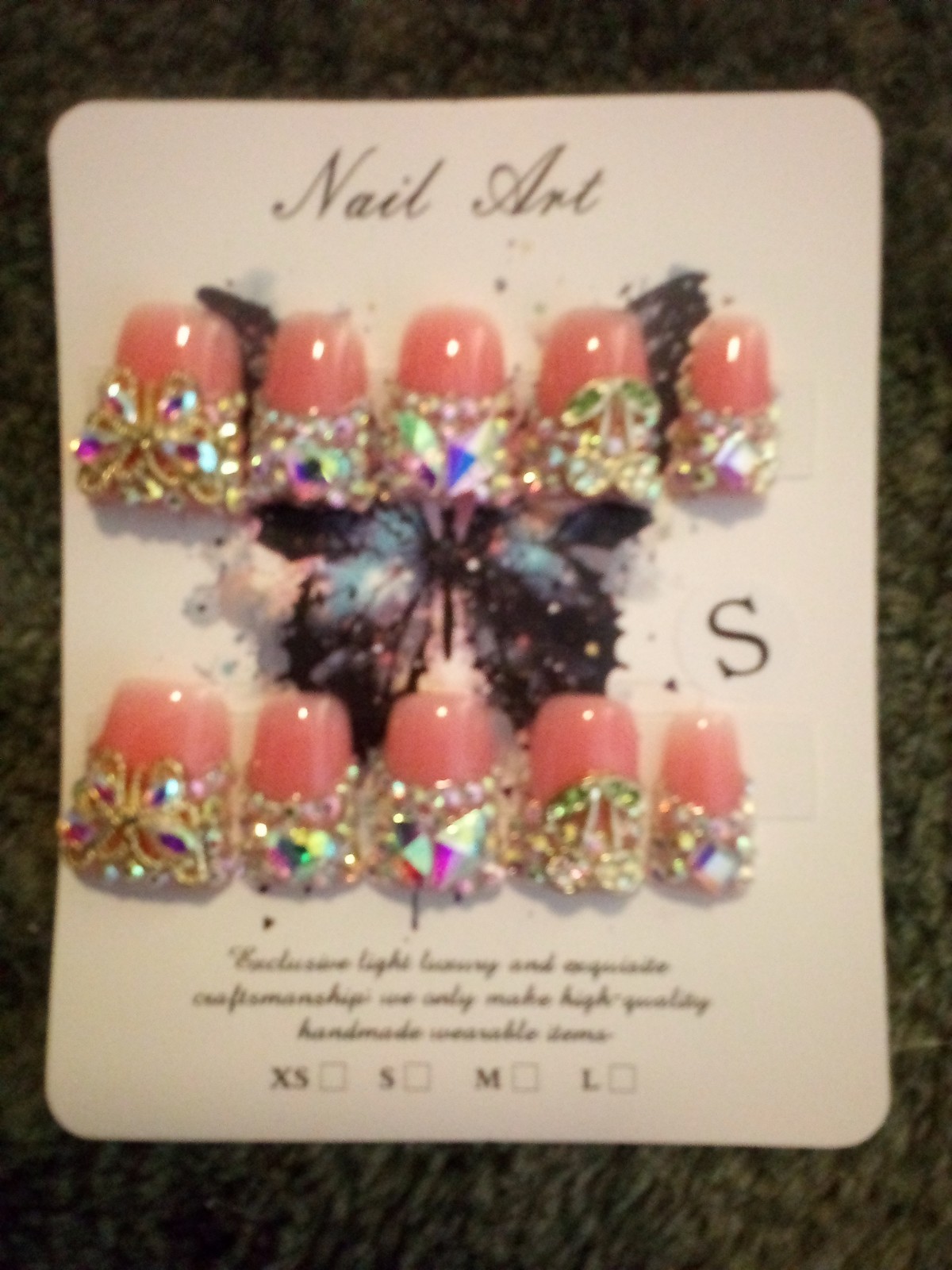 3D Shiny Press-On Nails Pink Gold Multicolor Rhinestones Full Cover Pre-Designed