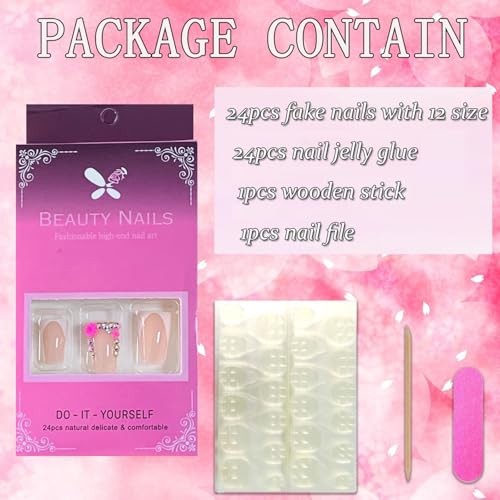Press on Nails Duck Shaped Glossy Full White French and Pink Floral Rhinestone