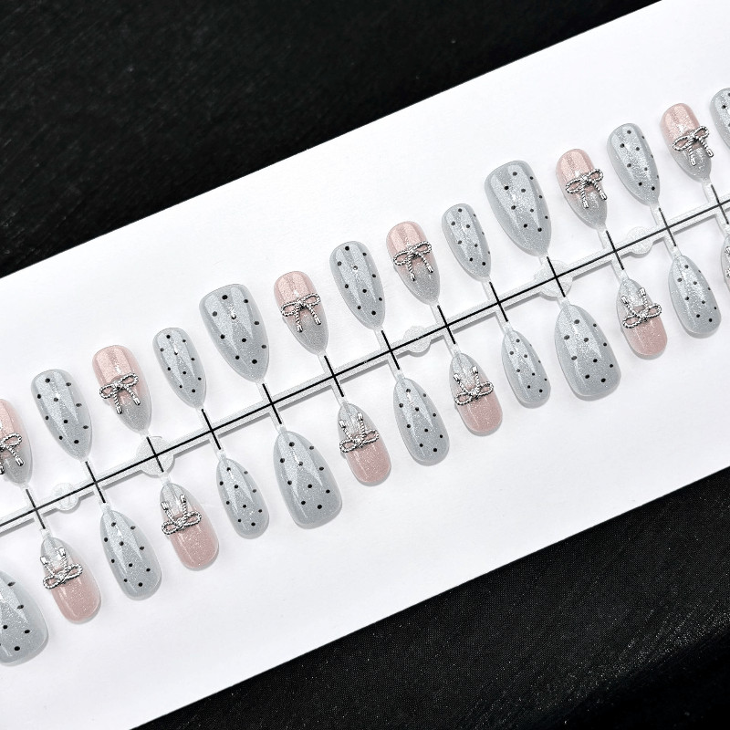 60pcs Short Oval Press on Nails, Silver Glitter Black Dot Metal Bow Sweet Nails