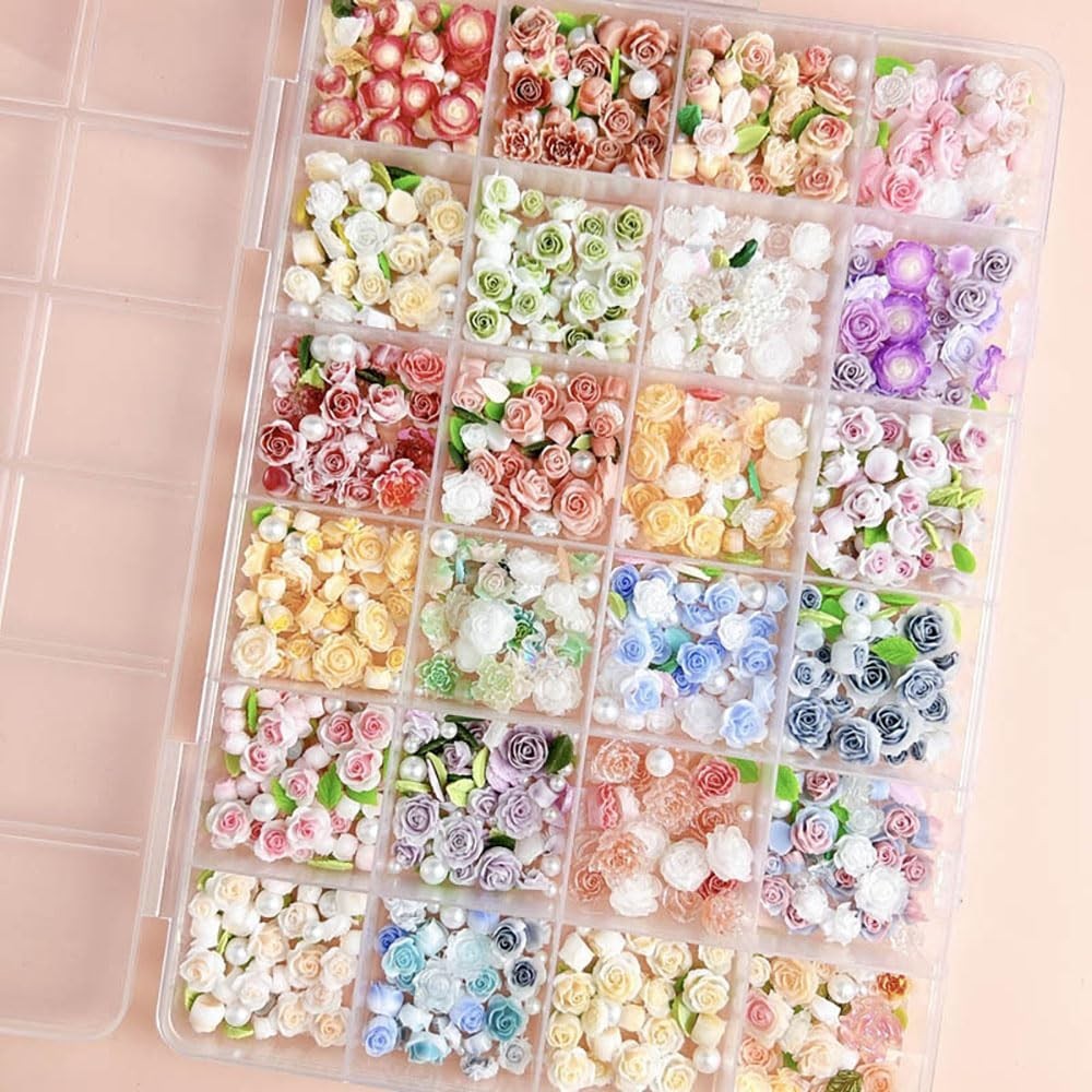 Colorful Flower Nail Charms Set – 24 Mixed Floral Designs with Pearl Leaves & Re