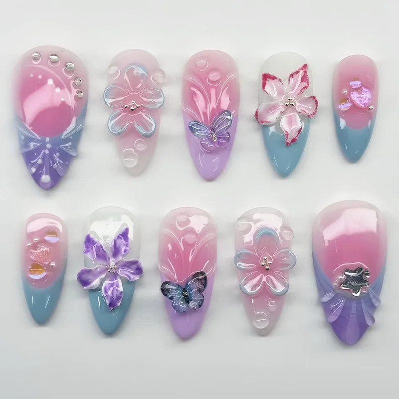 24Pcs Wearable False Nails 3D Flower Strawberry Green Gradient Pearl Mid-length