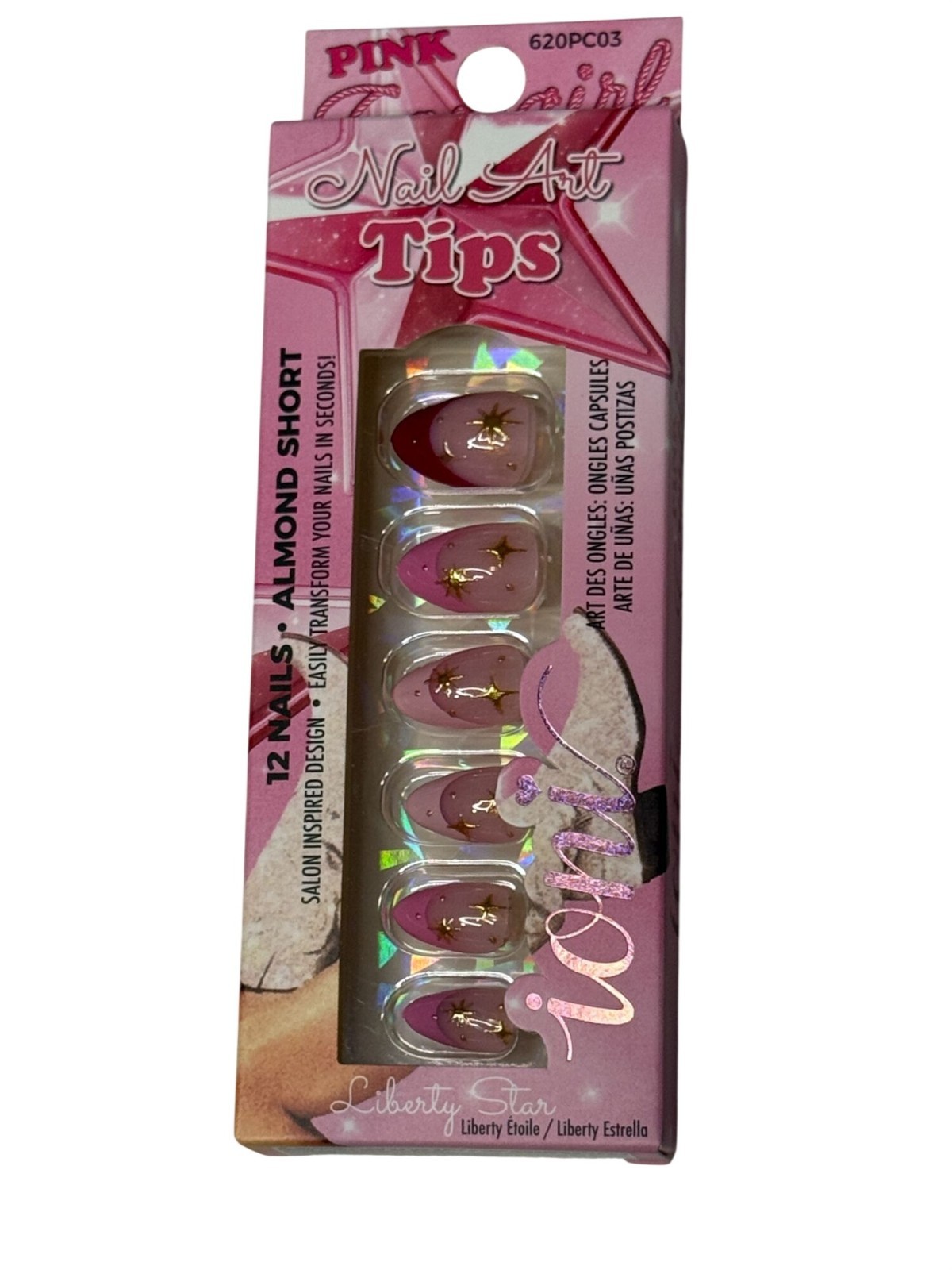 Ioni Pink Cowgirl Nail Art Tips Liberty Star Press On Nails Almond Short 12 Pc