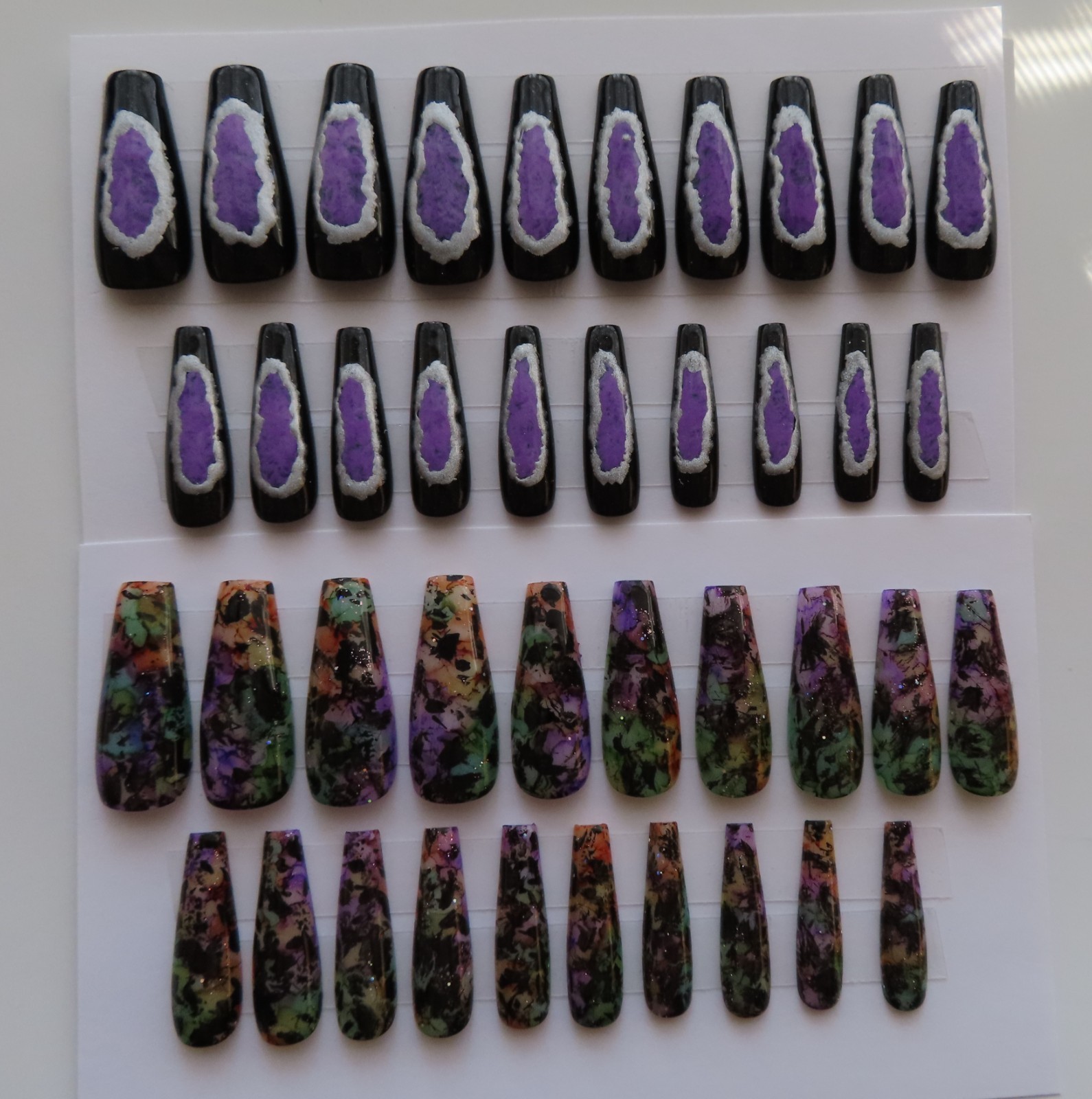 (2) Set Purple Black Silver Oval Chrome | Purple Green Ink Coffin Press-On Nail