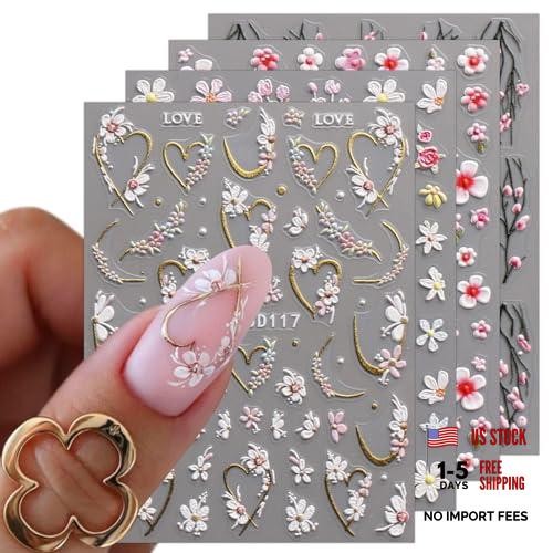 3D Embossed Flower Nail Art Stickers Decals Self-Adhesive 5D Spring Summer