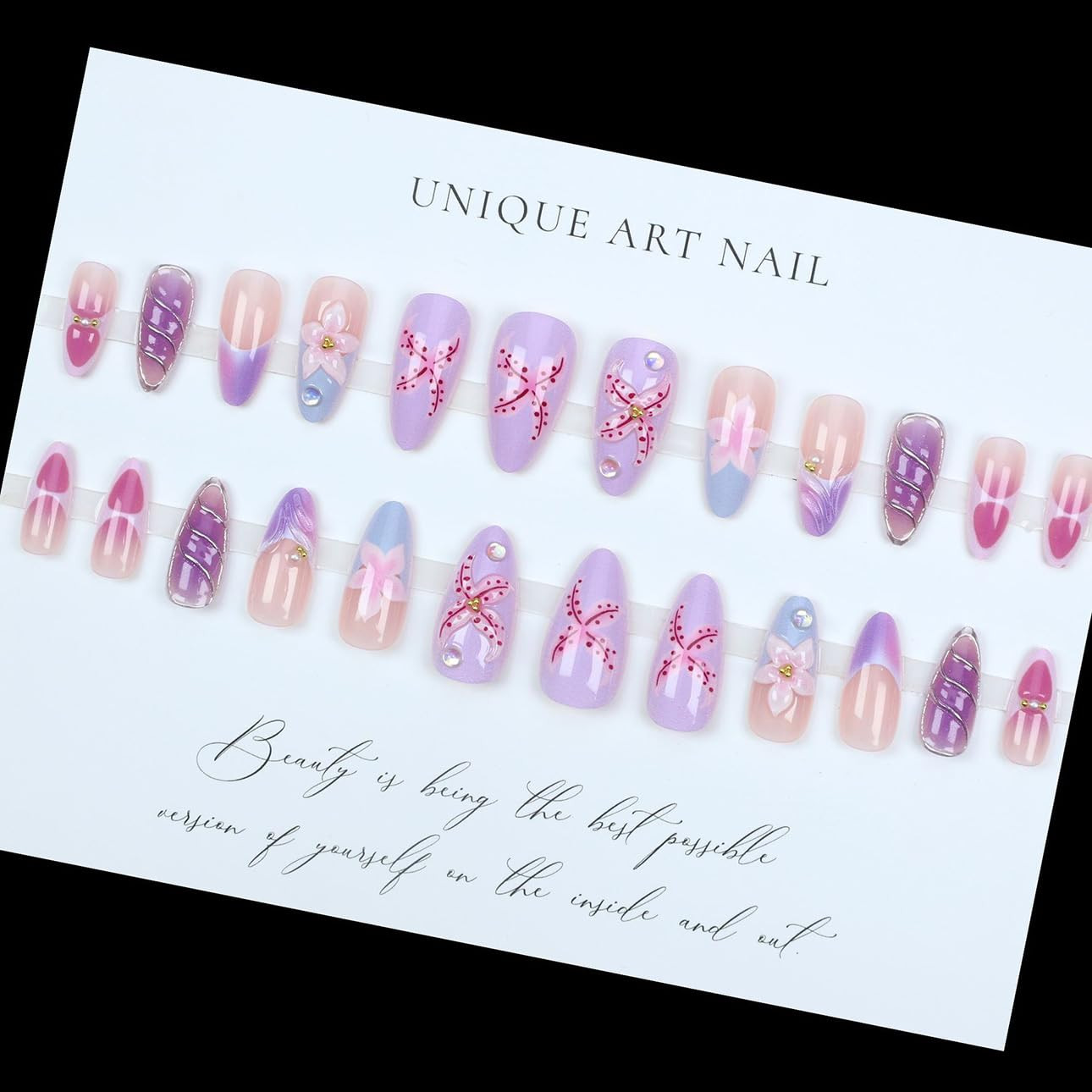Purple Pink Press on Nails Almond – Medium 3D Embossed Flower Fake Nails with Pe