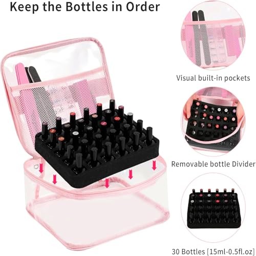 Clear Nail Polish Organizer Holds 30 Bottles PVC 1 Count (Pack of 1) 1.Pink