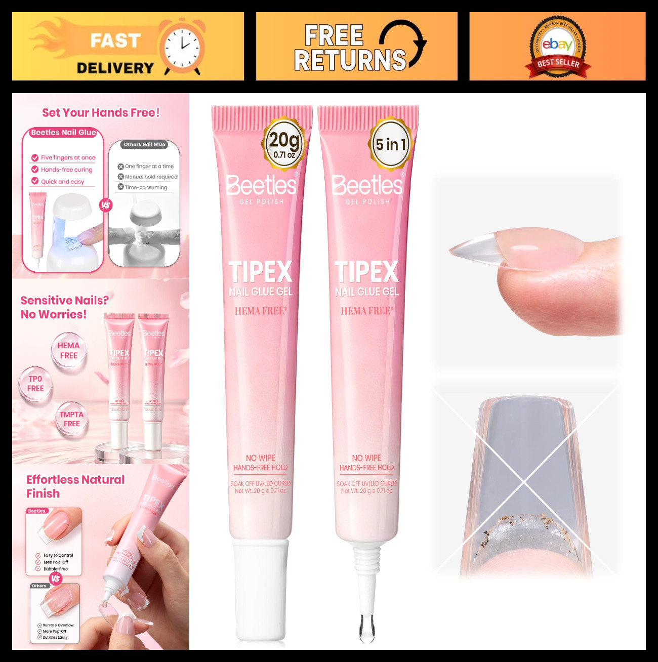 Nail Glue Gel 2Pcs 20g – No Wipe Instant Apex Tips, Hema-Free, Medium Viscosity,