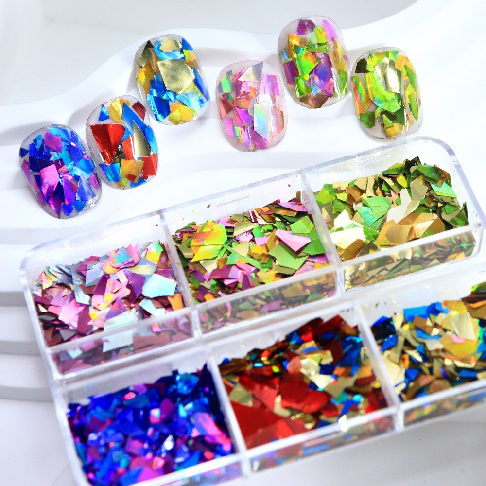 6 Grids Nail Art Flakes Irregular Broken Glass Paper DIY Manicure Decoration