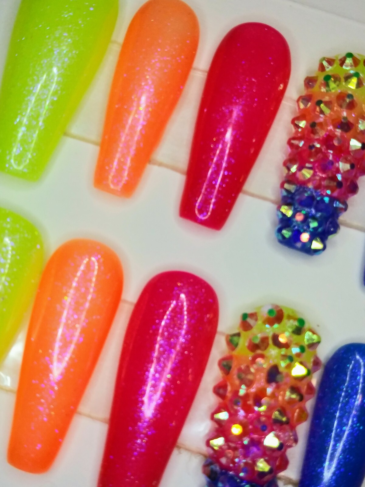 Neon Rainbow ombre bling nails w/ crystals Gel Press On nails long full set