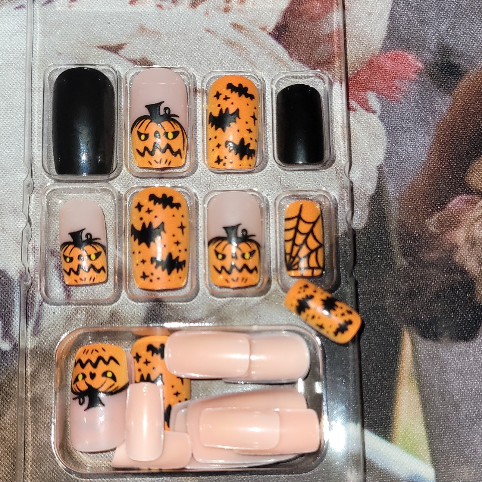 Pre-Designed Press-On Nails Medium Square 3D Halloween Orange Black Nude