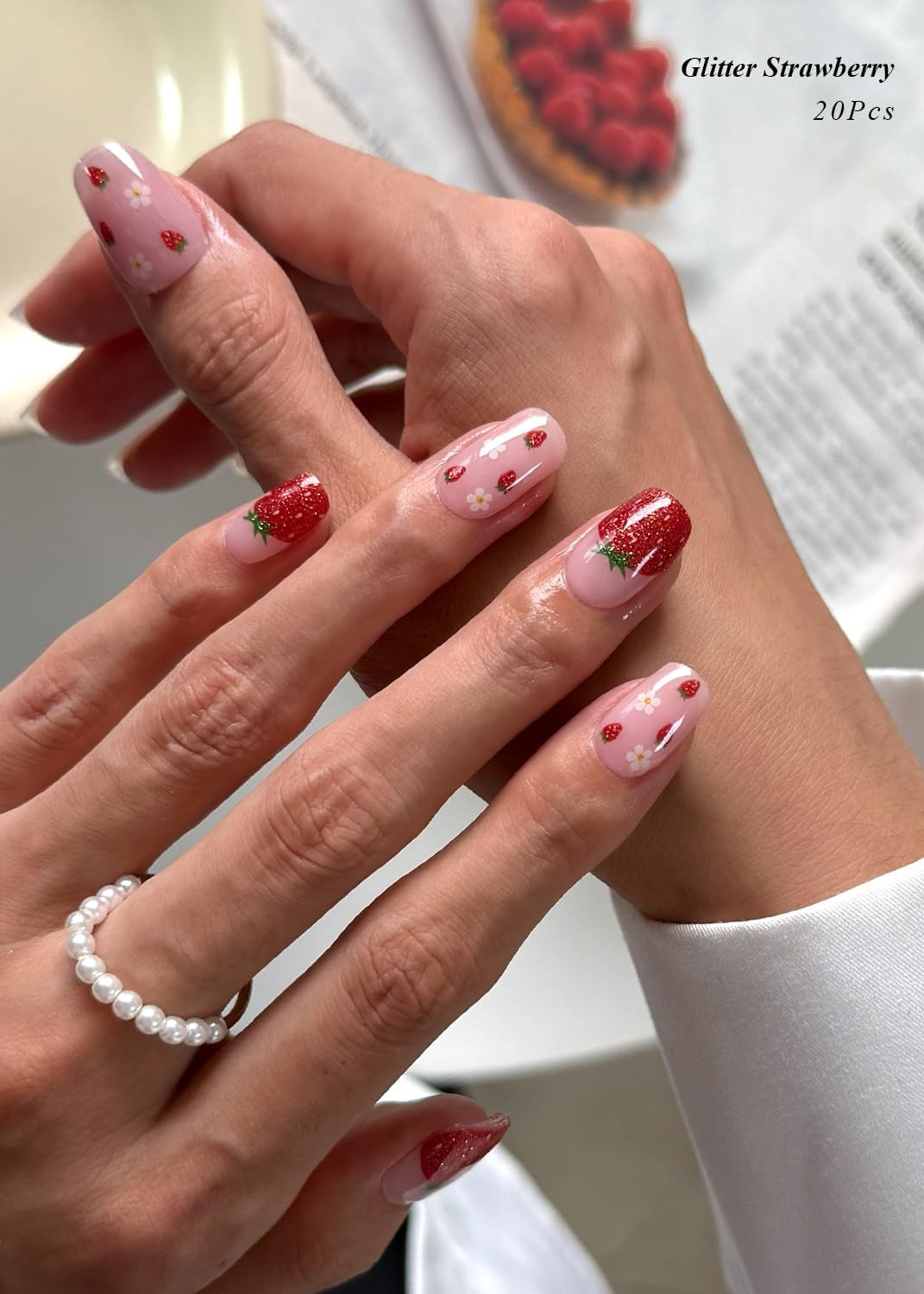 Semi Cured Gel Nail Strips (Glitter Strawberry), 20 Pcs Gel Nail Wraps, Stickers
