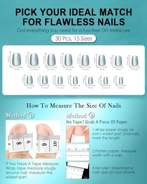 Short Square Press on Nails with Tools Kit, Blue Cat Eye 04# Teal Cat Eye