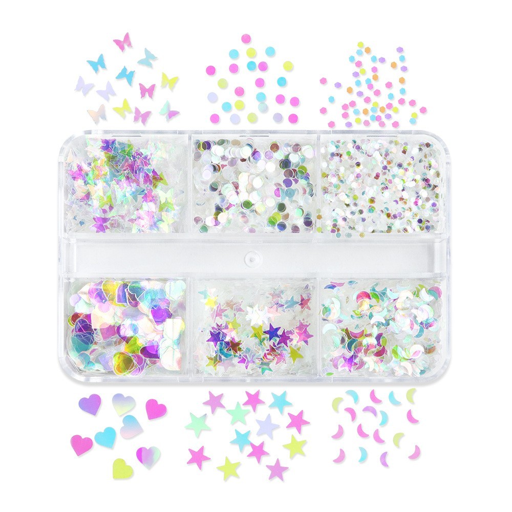 6 Grids Nail Art Glitter Sequins Star Moon Heart Butterfly DIY Nails Decoration