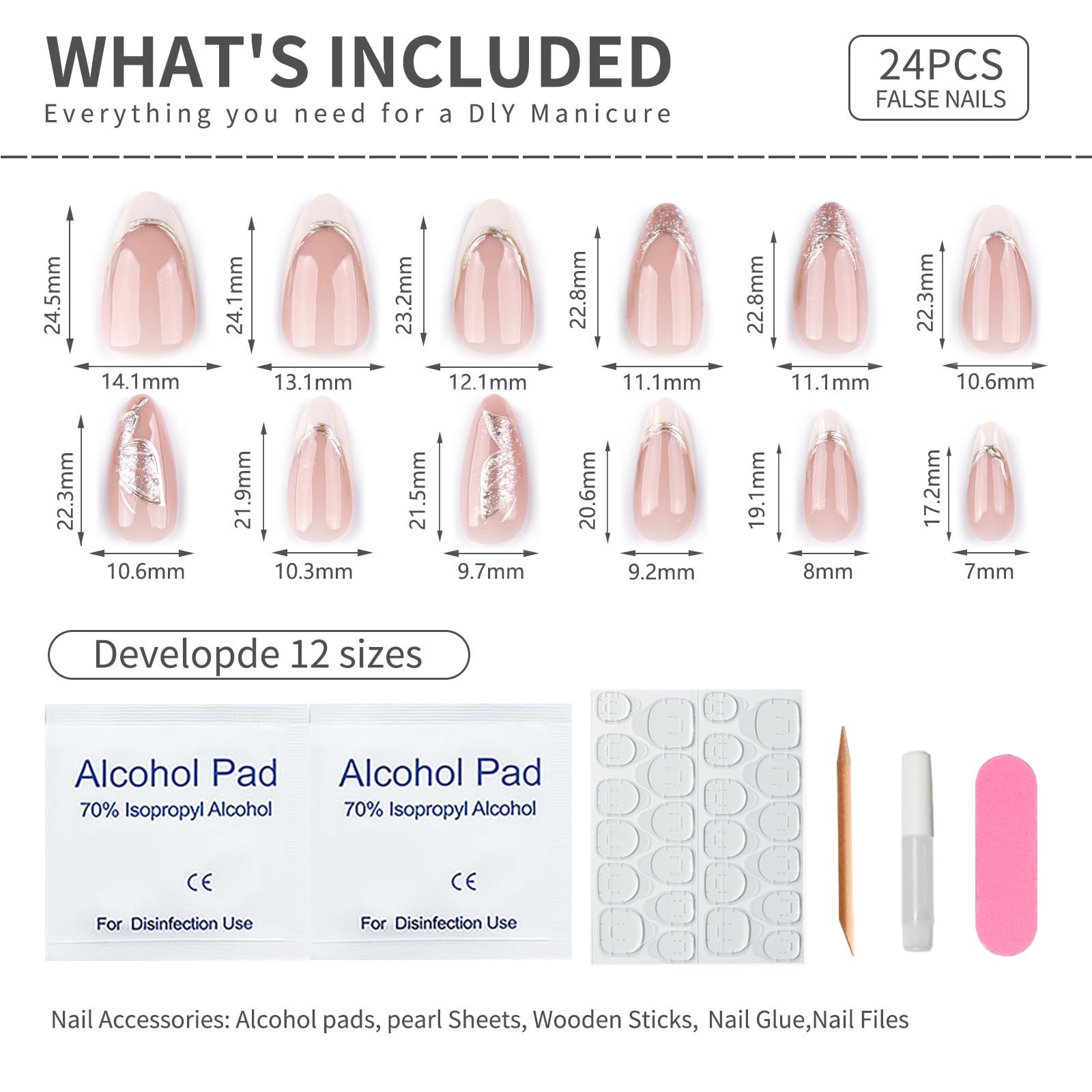 Medium Press On Nails Almond – Nude & White French Tips with Gold Foil and Gl…