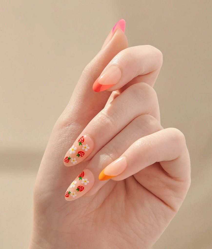 KISS imPRESS Medium Length Orange & Hot Pink French Manicure Nails Strawberries