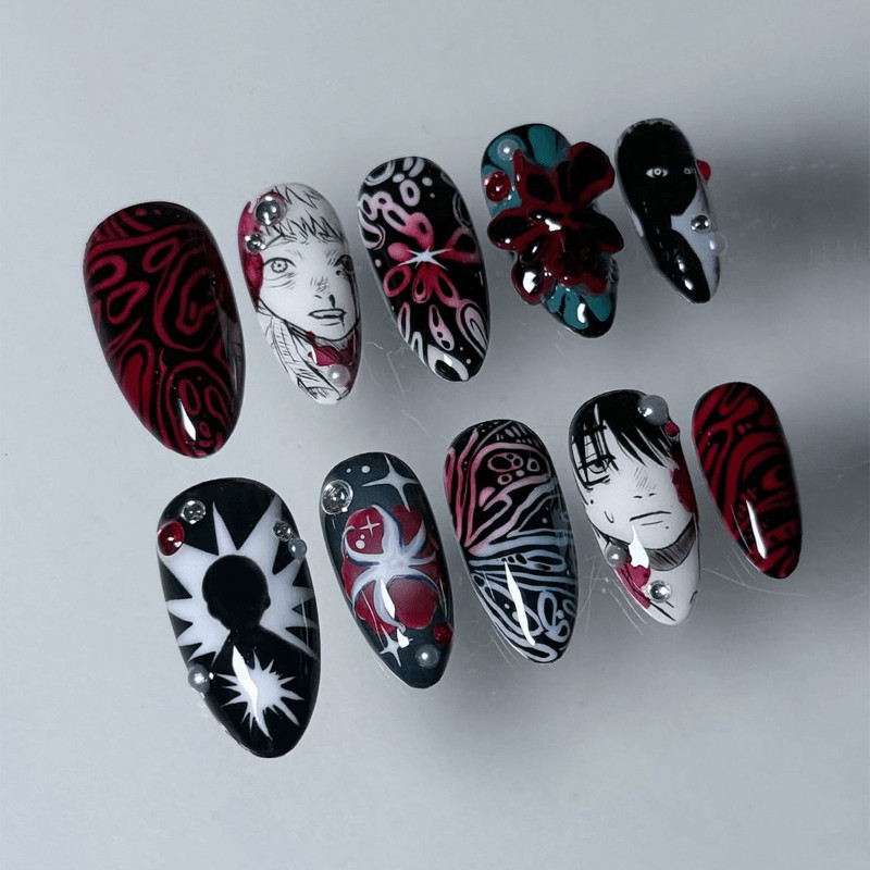48pcs-Black Red Almond Press on Nails Anime Print 3D Flower Pearl Rhinestones
