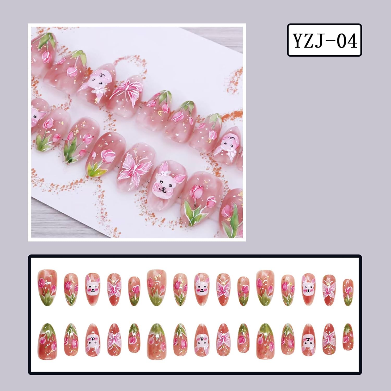 24Pcs Easter Bunny Press on Nails Almond Medium Fake Nails Flower Butterfly P…