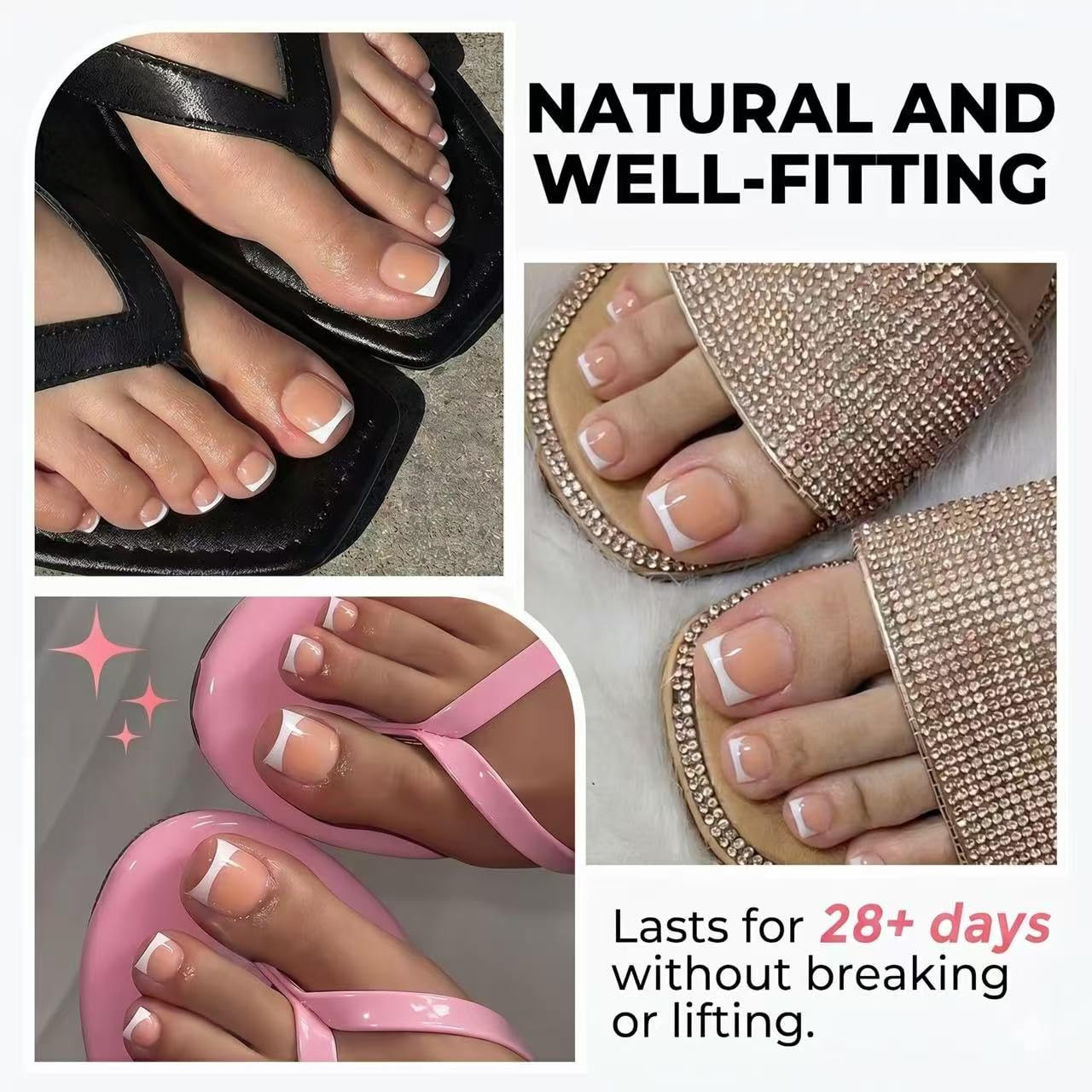 Press on Toenails, 180Pcs Sharp Square Soft Gel French Tip Toe Nail Press Ons fo