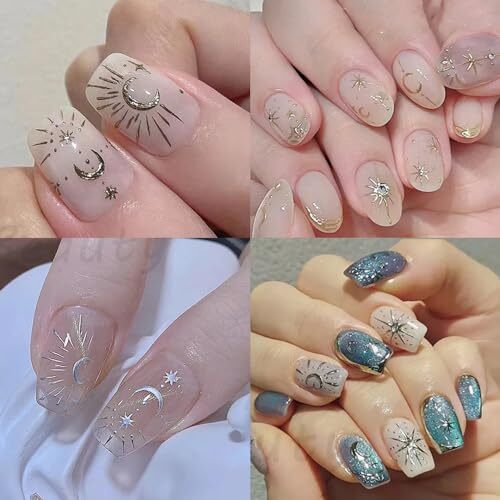 12pcs Aurora Silver Star Moon Nail Art Stickers 3D Star Nail Stickers for