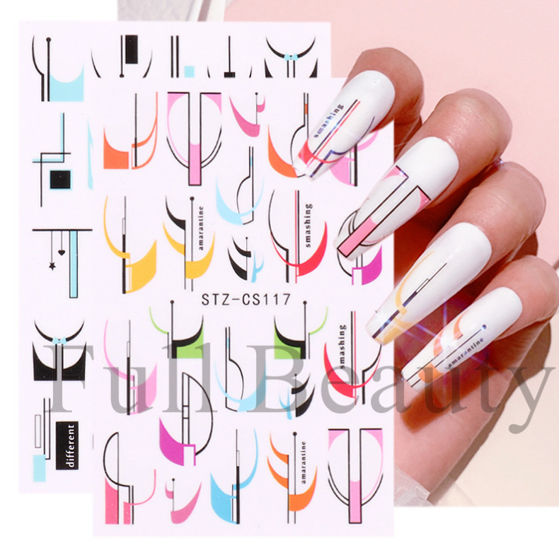 3Pcs Holographic Black White Pink French Geometry Lines Nail Sticker Decal NS7