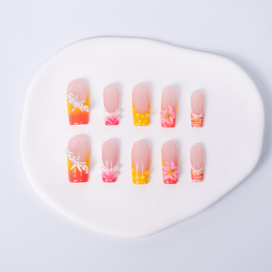 Handmade Orange Pink Gradient Press on Nails Starfish Pearl Glossy Fake Nails