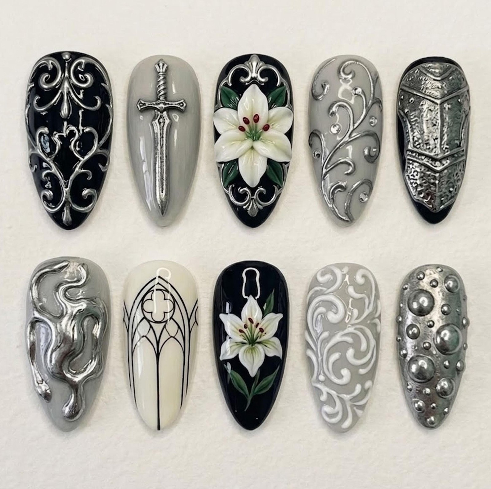Handmade Medieval Sword Lily Gothic Window Silver Relief Almond Press on Nails