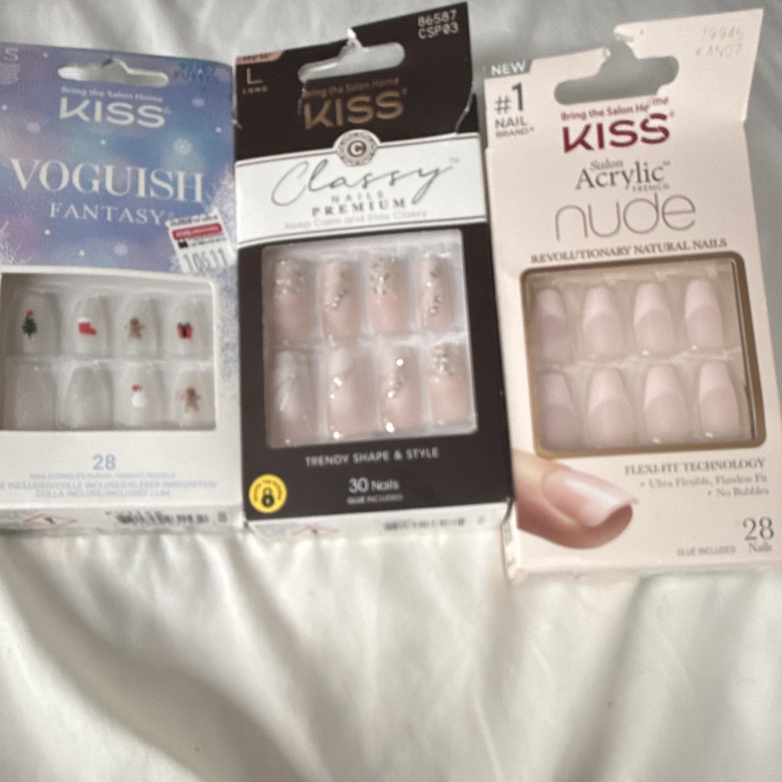 KISS Press-On Nails Lot of 3 Long Coffin French Glitter 3D Nude/White Glue