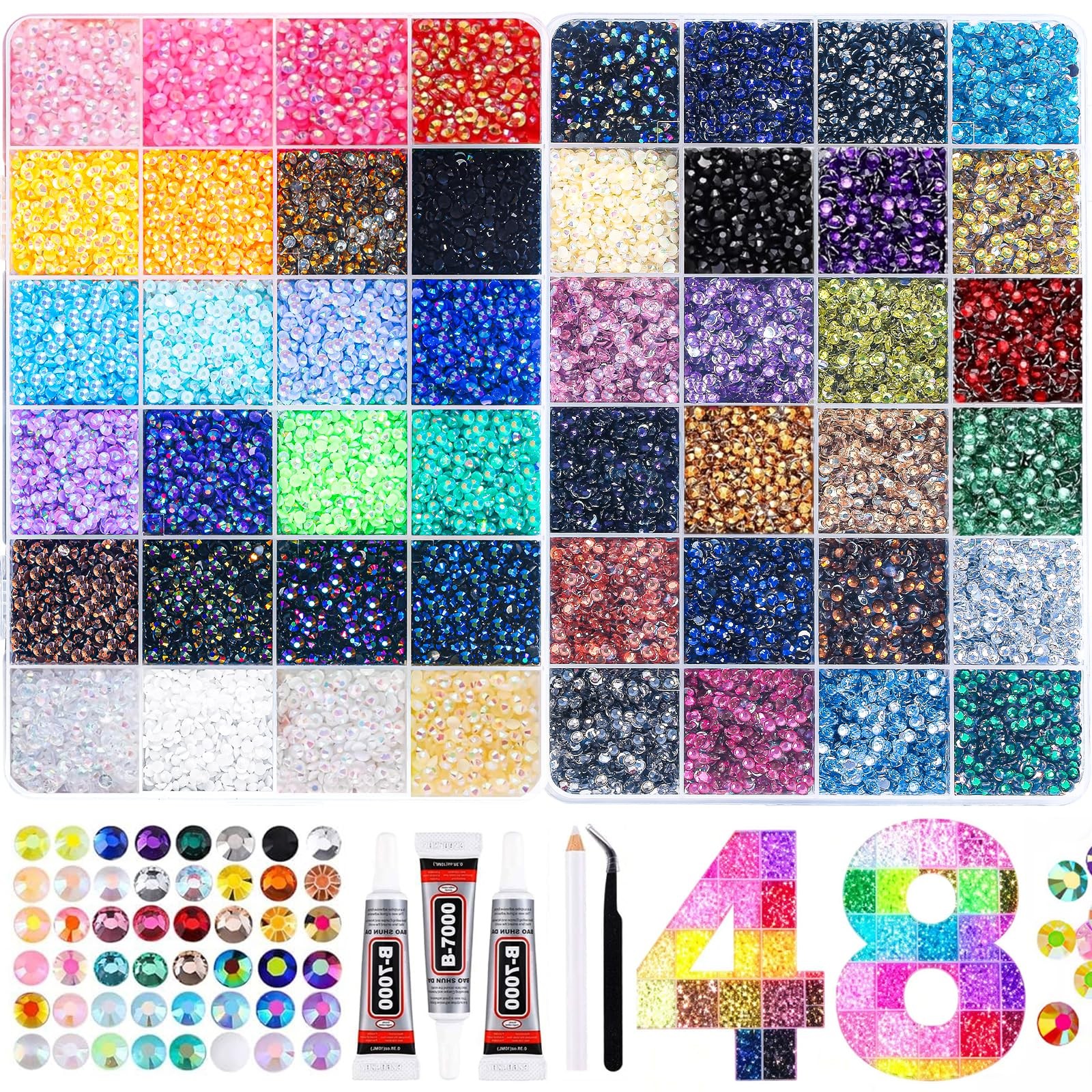 Vertdens 48 Colours 48000 Pieces 3mm Bedazzling Kit, Flatback Rhinestones, Re…