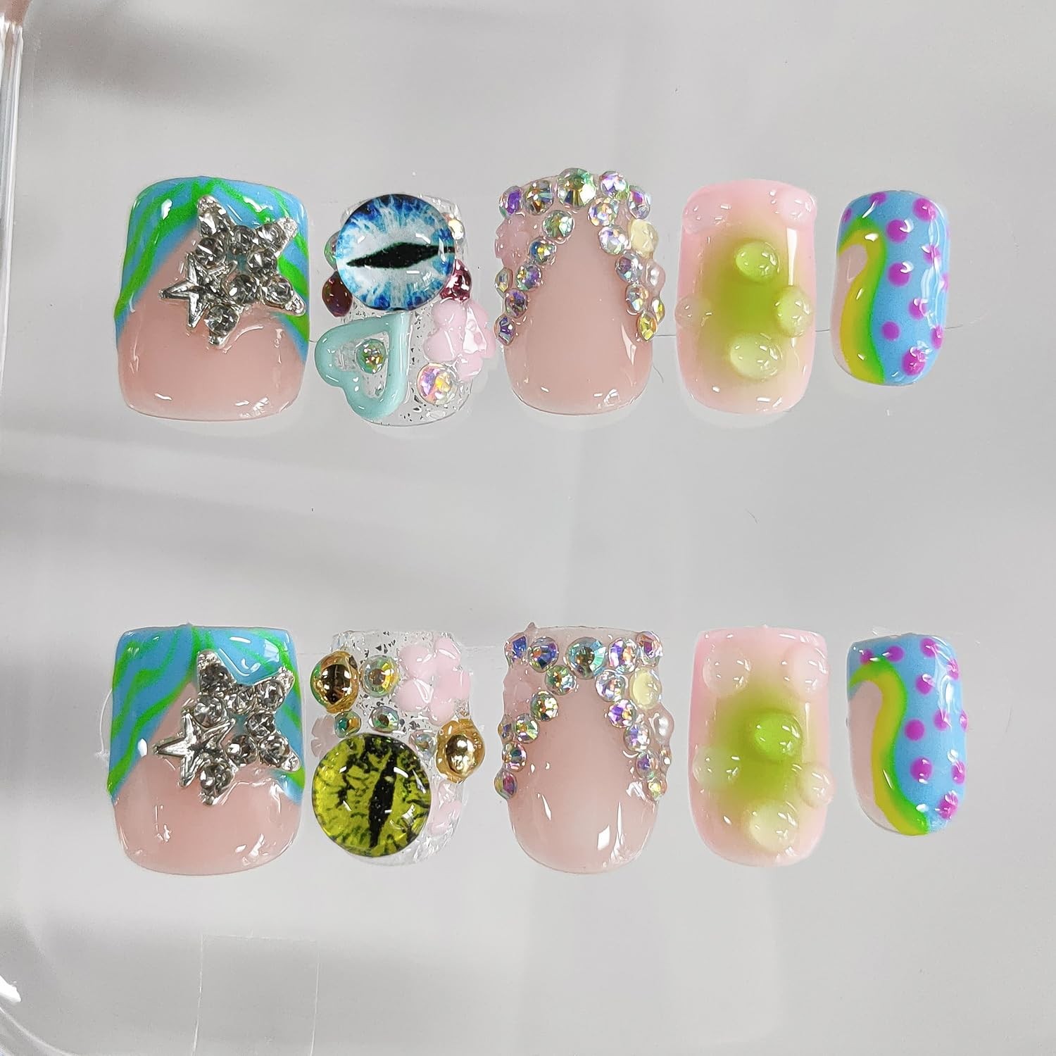 BRKYKGK Handmade Press On Nails Short Square 3D French Tip Thick Acrylic Fake