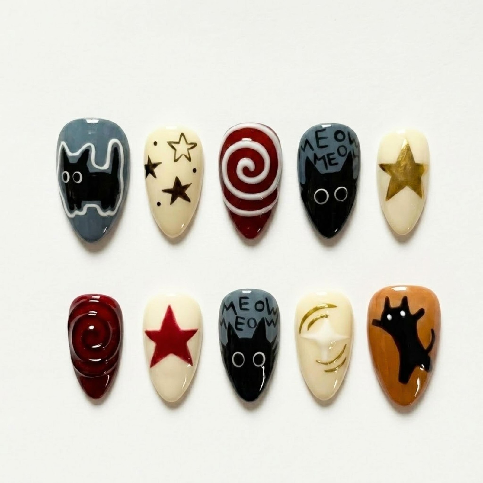 Handmade Custom Cute Black Cat Meow Star Swirl Retro Almond Press on Nails